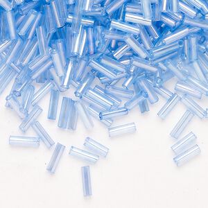 Bead, Ming Tree™, bugle bead, glass, pkg/1/4 pound, 1/4 inch, rainbow transparent blue.