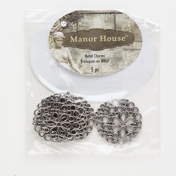 Component, antique silver-finished "pewter" (zinc-based alloy), 23mm round. Sold per pkg of 5 components. image number 0