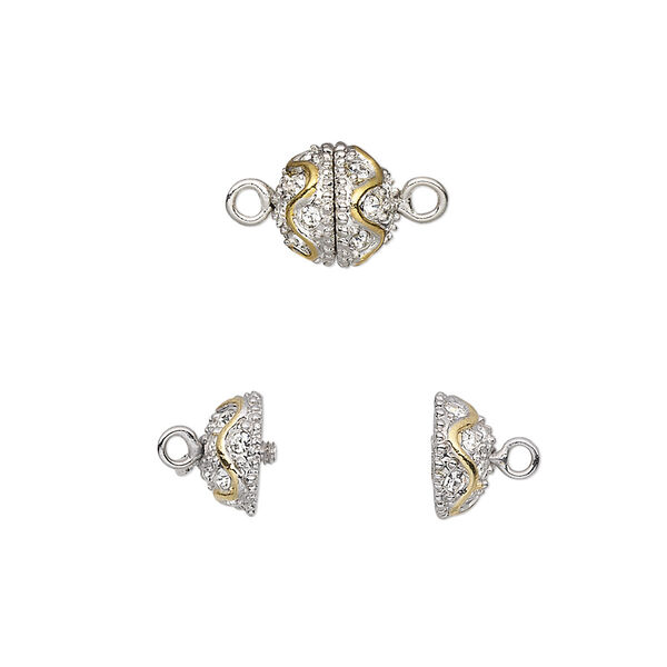 Clasp, twist-in, crystal rhinestone with rhodium- and gold-plated brass, clear, 8.5mm textured round with wave design. Sold individually. image number 0