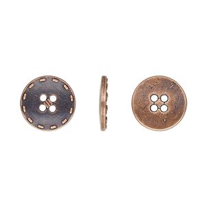Button, antiqued copper-finished "pewter" (zinc-based alloy), 12mm single-sided flat round with stitched edge. Sold per pkg of 50.
