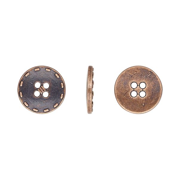 Button, antiqued copper-finished "pewter" (zinc-based alloy), 12mm single-sided flat round with stitched edge. Sold per pkg of 50. image number 0