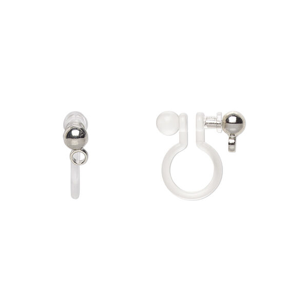 Earring, clip-on, resin and imitation rhodium-plated brass, clear, 11mm with 3mm ball and closed loop. Sold per pkg of 2 pairs. image number 0