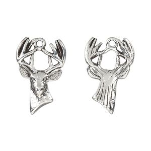 Charm, pewter (tin-based alloy), pkg/1, antique silver plate, 22x14.5mm 2-sided deer head.