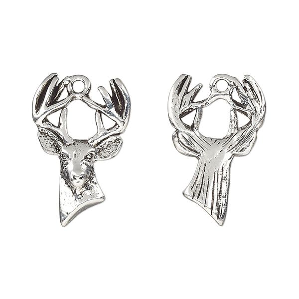 Charm, pewter (tin-based alloy), pkg/1, antique silver plate, 22x14.5mm 2-sided deer head. image number 0