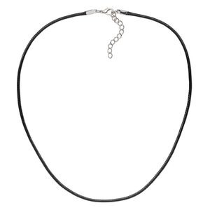 Necklace cord, imitation leather with imitation rhodium-finished steel and "pewter" (zinc-based alloy), black, 2mm wide, 20 inches with 1-1/2 inch extender chain and lobster claw clasp. Sold per pkg of 10.