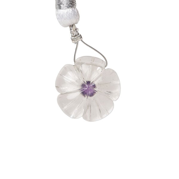 Quartz crystal / amethyst 1pkg1, top-drilled hand-cut 1sided carved flower bead natural, 16mm image number 1