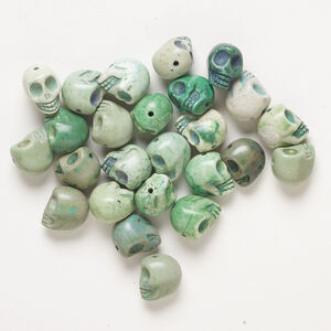 Bead mix, "howlite" (imitation) resin 1pkg25, opaque light to dark green, 17x14mm-18x15mm skull.