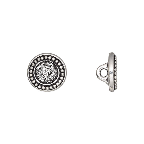 Button, TierraCast®, antique silver-plated pewter (tin-based alloy), 12mm beaded flat round with loop and SS34 round glue-in setting. Sold per pkg of 20. image number 0