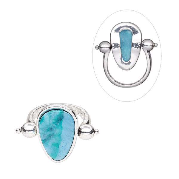 Ring, resin and silver-plated "pewter" (zinc-based alloy), blue and green, 22x15mm teardrop with swivel face, size 9. Sold individually. image number 0