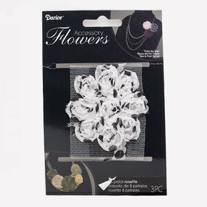 Sew-on component, fabric, black and white, 2-1/2 to 2-3/4 inch flower with polka dots. Sold per pkg of 3.