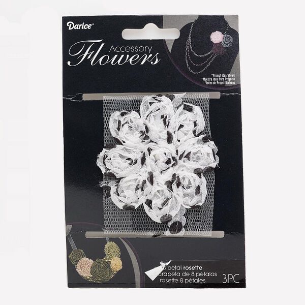 Sew-on component, fabric, black and white, 2-1/2 to 2-3/4 inch flower with polka dots. Sold per pkg of 3. image number 0