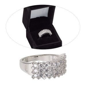 Ring, cubic zirconia and rhodium-finished brass, clear, 10mm wide with 4-row design, size 8. Sold individually.