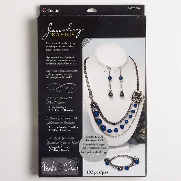 Necklace / bracelet / earring kit 1pkg102 silver- / gunmetal-finished steel / aluminum / brass / glass, silver / blue / grey, mixed sizes and shapes. image number 0