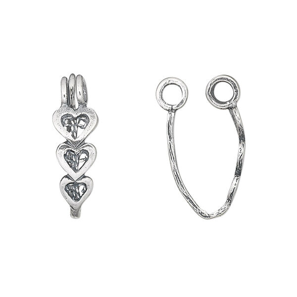 Bail, JBB Findings, donut, antiqued sterling silver, 17x6.5mm with 3 heart design, 14x3.5mm grip length. Sold individually. image number 0