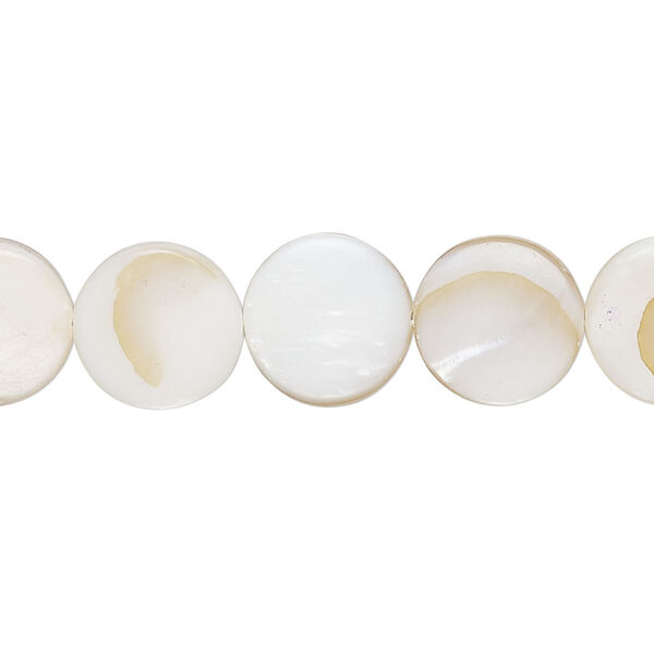 Mother-of-pearl shell 1pkg1, puffed flat round bead 15 inch white and brown 11-12mm image number 0
