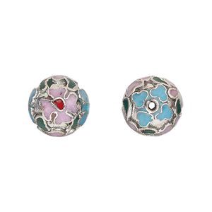 Bead, cloisonné, enamel and silver-plated copper, multicolored, 12mm round. Sold per pkg of 10.