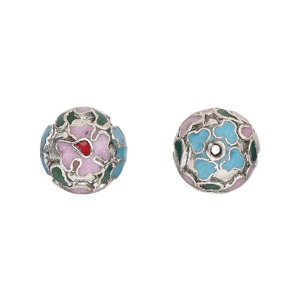 Bead, cloisonné, enamel and silver-plated copper, multicolored, 12mm round. Sold per pkg of 10. image number 0