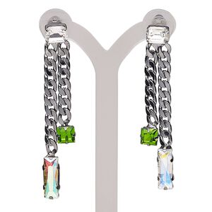 Earring, glass / stainless steel / gunmetal-finished steel, clear AB / clear / green, 2-1/2 inches with rectangle and post. Sold per pair.