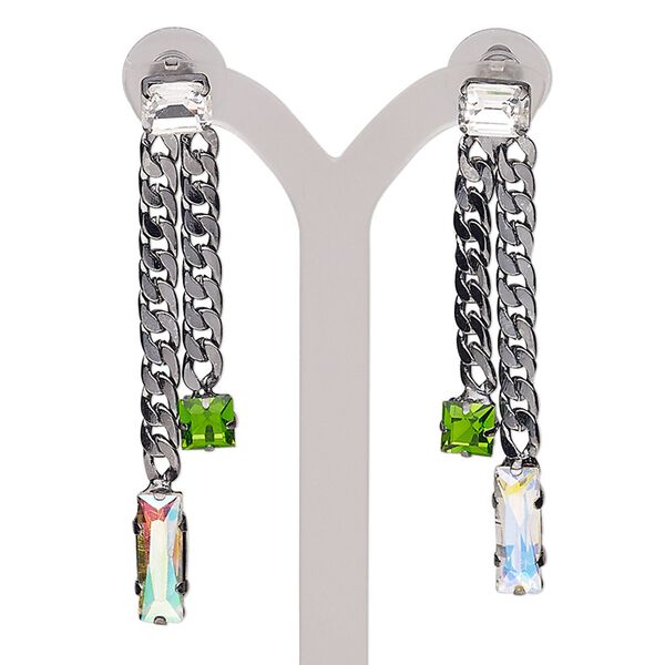 Earring, glass / stainless steel / gunmetal-finished steel, clear AB / clear / green, 2-1/2 inches with rectangle and post. Sold per pair. image number 0