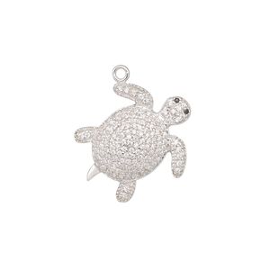 Charm, rhodium-plated sterling silver and cubic zirconia, clear and black, 19x18mm single-sided turtle. Sold individually.