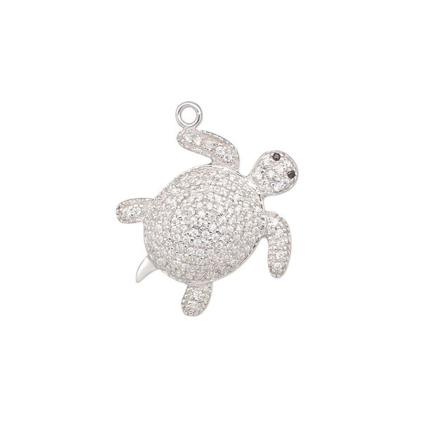 Charm, rhodium-plated sterling silver and cubic zirconia, clear and black, 19x18mm single-sided turtle. Sold individually. image number 0