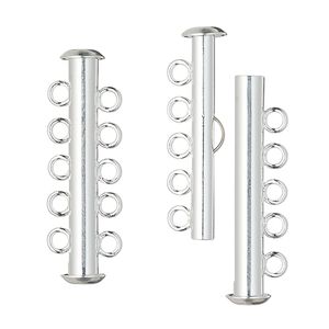 Clasp slide lock 1pkg4 silver-plated, 31x6mm tube, brass 5-strand