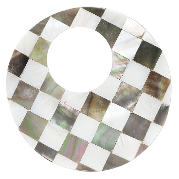 Focal, black lip shell / mother-of-pearl shell / resin (assembled) 1pkg1, 59-61mm undrilled 1sided curved go-go with checkerboard pattern. image number 0