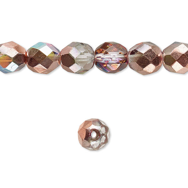 Bead 1pkg50 Czech fire-polished glass, 8mm faceted round, opaque half-coated clear AB / metallic Capri gold image number 0
