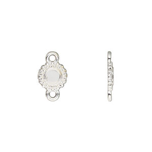 Link, silver-finished brass, 8.5mm single-sided beaded round with 4mm round setting. Sold per pkg of 10.