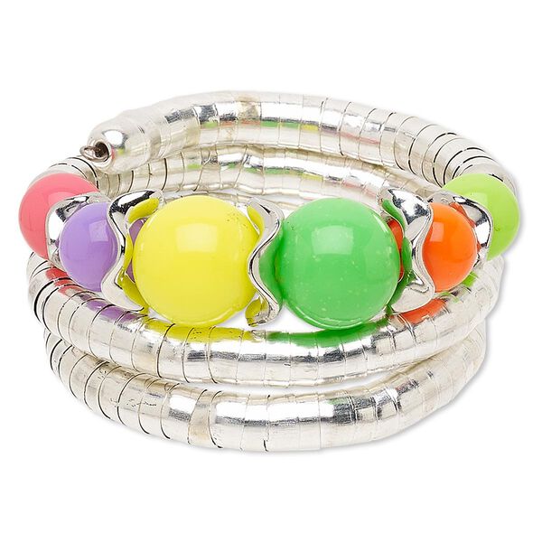 Bracelet, acrylic / steel memory wire / imitation rhodium-coated plastic / imitation rhodium-finished steel, multicolored, 38mm wide with round, adjustable from 7-1/2 to 9 inches. Sold individually. image number 0
