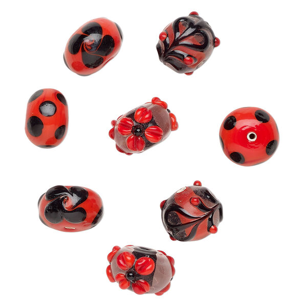 Bead assortment, lampworked glass 1pkg8, opaque red / clear / opaque black, 16x11mm-19x16mm rondelle. image number 0