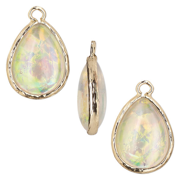Drop, Opalized Ice™, "opal" (resin) and gold-finished brass, white, 19.5x15mm double-sided teardrop. Sold per pkg of 4. image number 0