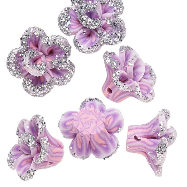 Bead, polymer clay, lavender / dark purple / pink with silver-colored glitter, 16x15x11mm flower. Sold per pkg of 6. image number 0