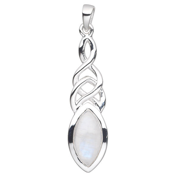 Pendant, rainbow moonstone (natural) and sterling silver, 37mm with 14x7mm marquise. Sold individually. image number 0