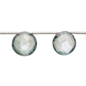 Quartz crystal 1pkg9, hand-cut top-drilled faceted puffed flat round bead 12-14mm