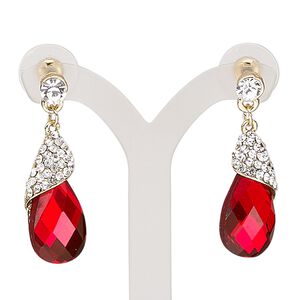 Earring, glass / glass rhinestone / stainless steel / gold-finished "pewter" (zinc-based alloy), red and clear, 34mm with teardrop and post. Sold per pair.