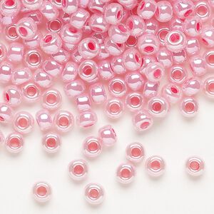 Seed bead, Miyuki, glass, pkg/25g, #6 rocaille, opaque carnation pink luster alabaster (RR-535).