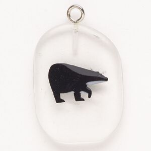 Focal, steel/glass/enamel, pkg/1, silver finish/clear/black, 33x26mm single-sided puffed freeform with bear.