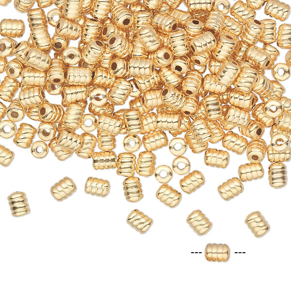Bead, gold-plated brass, 4x3mm ribbed tube. Sold per pkg of 100. image number 0