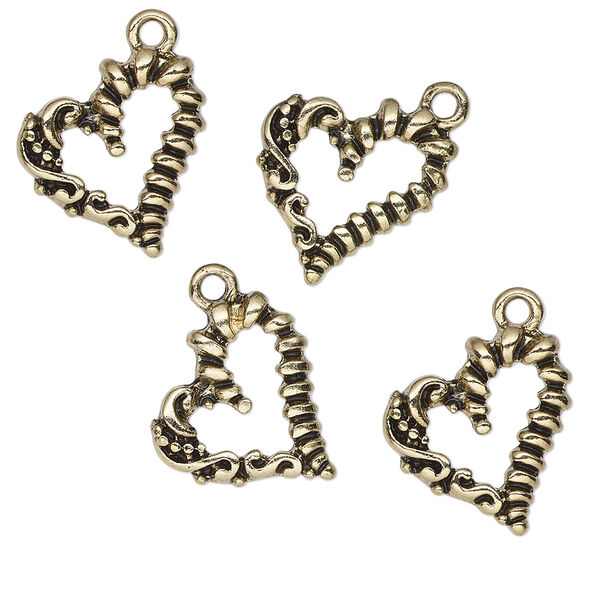 Charm, antique gold-finished "pewter" (zinc-based alloy), 17x14mm open Chantilly heart. Sold per pkg of 4. image number 0