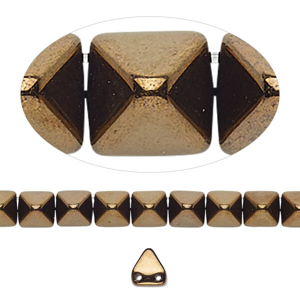 Spacer, Preciosa, Czech pressed glass, opaque antique bronze gold, 6x6x7mm 2-strand pyramid, fits up to 3mm bead. Sold per 8-inch strand, approximately 30 spacers. image number 0