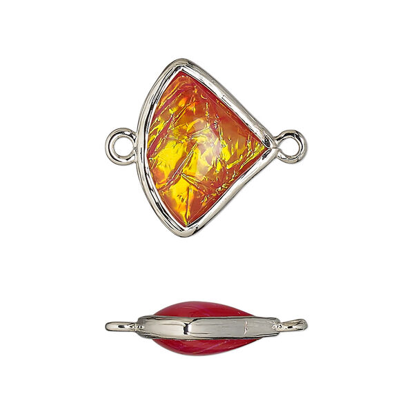 Link, Opalized Ice™, "opal" (resin) and imitation rhodium-finished brass, opaque orange, 19x15mm double-sided fan. Sold per pkg of 4. image number 0