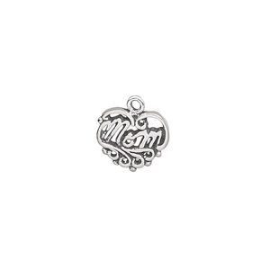 Charm, antiqued sterling silver, 12x10mm heart with "Mom." Sold individually.