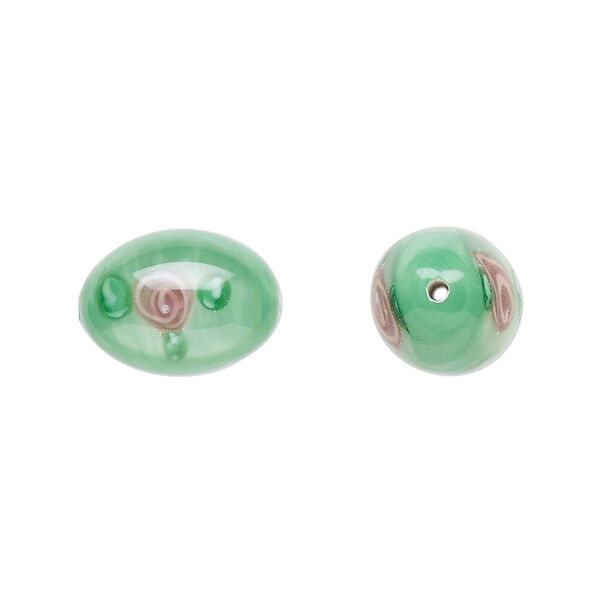 Bead, Czech lampworked glass, opaque green and pink, 15x10mm-16x11mm olive with flower design. Sold per pkg of 2. image number 0