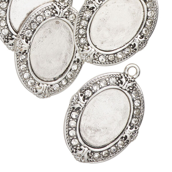 Drop, antique silver finish "pewter" (zinc-based alloy), 26x20mm Victorian oval with 16.5x11.5mm oval setting. Sold per pkg of 6. image number 0