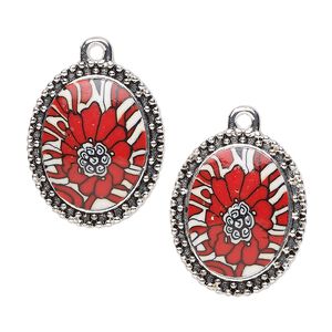 Drop, glazed polymer clay and silver-finished "pewter" (zinc-based alloy), red / white / black, 24x20mm single-sided oval with flower design with beaded edge. Sold per pkg of 2.