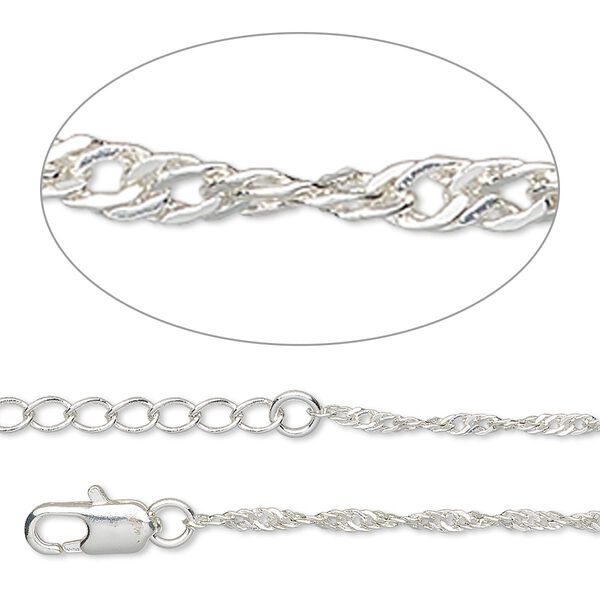 Chain, silver-plated brass, 2mm Singapore, 18 inches with 1 to 3 inches extender chain and lobster claw clasp. Sold individually. image number 0