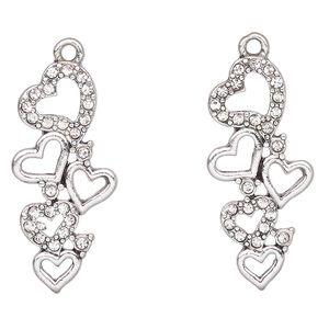 Focal, antique silver-finished "pewter" (zinc-based alloy) and glass, clear, 31x15mm heart. Sold per pkg of 2.