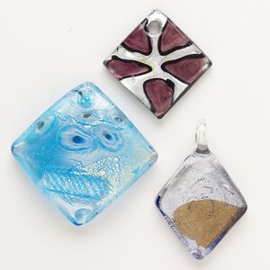 Random focal mix, lampworked glass, opaque mixed colors with silver-colored foil and copper-colored glitter, 32x28mm-60x58mm diamond. Sold per pkg of 3.