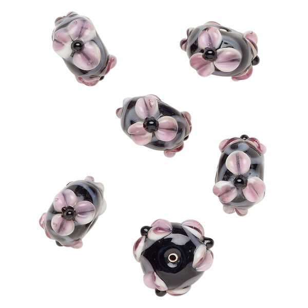 Bead, lampworked glass 1pkg6, opaque black / pink / white, 18x11mm rondelle with flowers and vine. image number 0